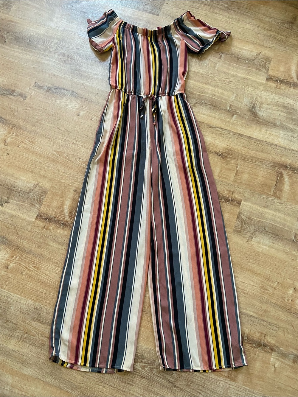 Off-Shoulder Wide-Leg Striped Jumpsuit - Multicolor